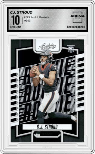 C.J. Stroud from the 2023 Panini Absolute set graded by Arena Club and given an overall grade of 10.