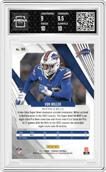 Von Miller from the 2023 Panini Phoenix set featuring a Yellow parallel graded by Arena Club and given an overall grade of 9.5.