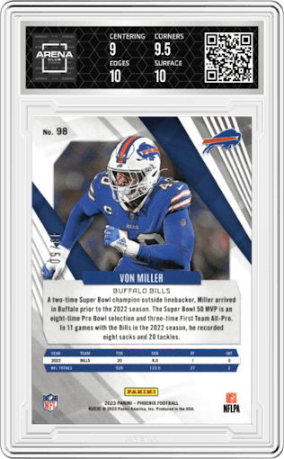 Von Miller from the 2023 Panini Phoenix set featuring a Yellow parallel graded by Arena Club and given an overall grade of 9.5.