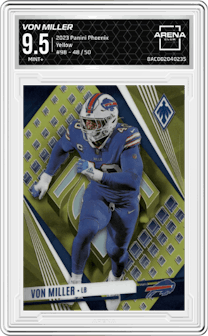 Von Miller from the 2023 Panini Phoenix set featuring a Yellow parallel graded by Arena Club and given an overall grade of 9.5.