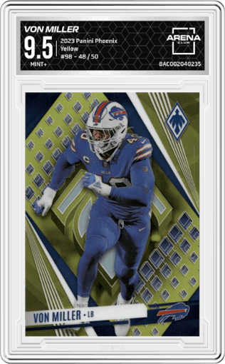 Von Miller from the 2023 Panini Phoenix set featuring a Yellow parallel graded by Arena Club and given an overall grade of 9.5.