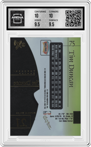 Tim Duncan from the 1997-98 Skybox E-X 2001 set graded by Arena Club and given an overall grade of 10.