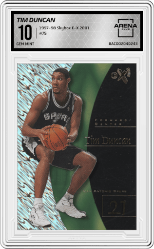 Tim Duncan from the 1997-98 Skybox E-X 2001 set graded by Arena Club and given an overall grade of 10.