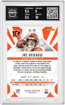 Joe Burrow from the 2020 Panini Phoenix set featuring a Fire Burst parallel graded by Arena Club and given an overall grade of 9.