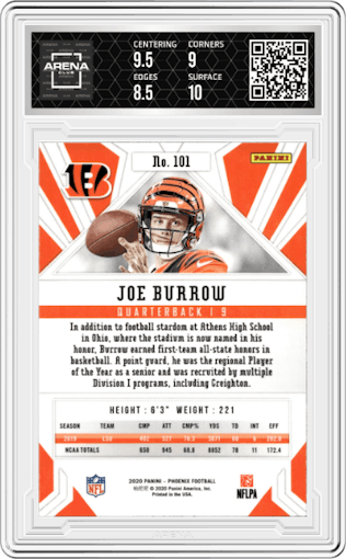 Joe Burrow from the 2020 Panini Phoenix set featuring a Fire Burst parallel graded by Arena Club and given an overall grade of 9.