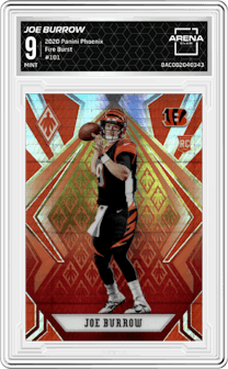 Joe Burrow from the 2020 Panini Phoenix set featuring a Fire Burst parallel graded by Arena Club and given an overall grade of 9.
