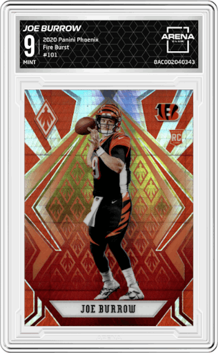 Joe Burrow from the 2020 Panini Phoenix set featuring a Fire Burst parallel graded by Arena Club and given an overall grade of 9.