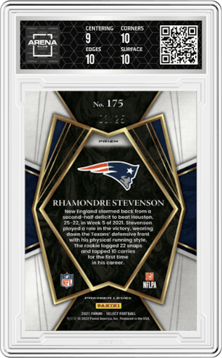 Rhamondre Stevenson from the 2021 Panini Select set featuring a Disco Blue parallel graded by Arena Club and given an overall grade of 9.5.