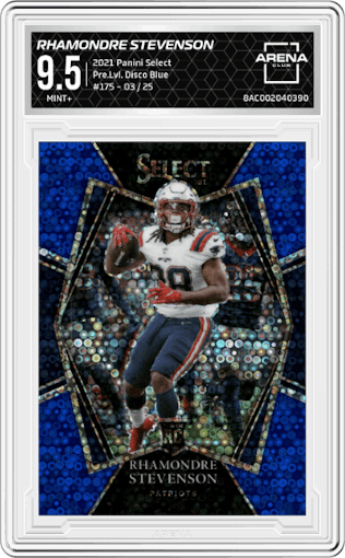 Rhamondre Stevenson from the 2021 Panini Select set featuring a Disco Blue parallel graded by Arena Club and given an overall grade of 9.5.