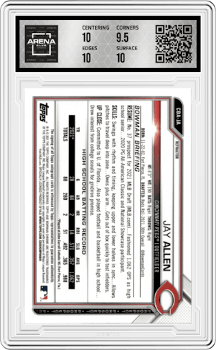 Jay Allen from the 2021 Bowman Draft set featuring a Refractor parallel graded by Arena Club and given an overall grade of 10.