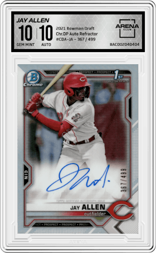 Jay Allen from the 2021 Bowman Draft set featuring a Refractor parallel graded by Arena Club and given an overall grade of 10.