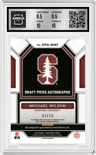 Michael Wilson from the 2023 Panini Prizm Draft Picks set featuring a Gold Prizm parallel graded by Arena Club and given an overall grade of 10.