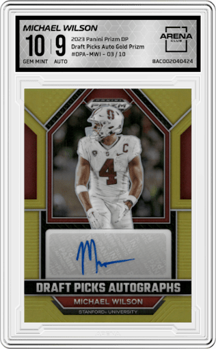 Michael Wilson from the 2023 Panini Prizm Draft Picks set featuring a Gold Prizm parallel graded by Arena Club and given an overall grade of 10.
