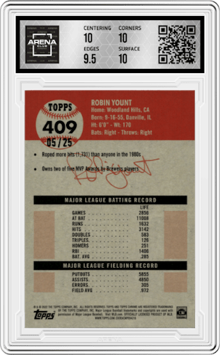 Robin Yount from the 2022 Topps Chrome Platinum Anniversary set featuring a Platinum Toile White/Orange Refractor  parallel graded by Arena Club and given an overall grade of 10.