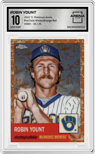 Robin Yount from the 2022 Topps Chrome Platinum Anniversary set featuring a Platinum Toile White/Orange Refractor  parallel graded by Arena Club and given an overall grade of 10.