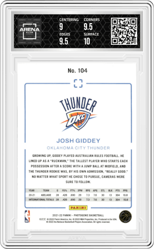 Josh Giddey from the 2021-22 Panini PhotoGenic set graded by Arena Club and given an overall grade of 9.5.