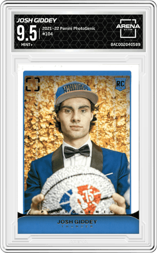 Josh Giddey from the 2021-22 Panini PhotoGenic set graded by Arena Club and given an overall grade of 9.5.