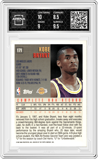 Kobe Bryant from the 1997-98 Topps  set graded by Arena Club and given an overall grade of 9.