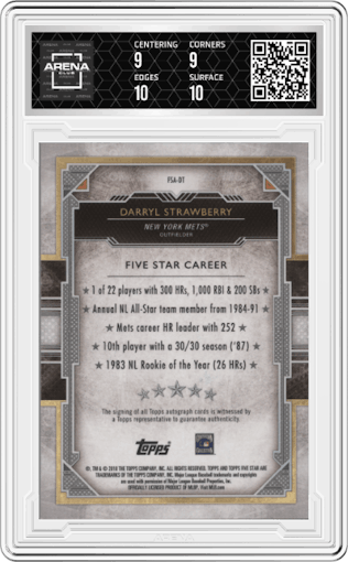 Darryl Strawberry from the 2018 Topps Five Star set graded by Arena Club and given an overall grade of 9.5.