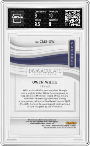 Owen White from the 2023 Panini Immaculate Collection set featuring a Blue parallel graded by Arena Club and given an overall grade of 9.5.
