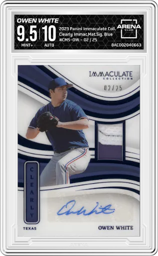 Owen White from the 2023 Panini Immaculate Collection set featuring a Blue parallel graded by Arena Club and given an overall grade of 9.5.