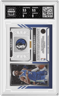 Jaden Hardy from the 2022-23 Panini Obsidian set featuring a Electric Etch Blue Flood FOTL parallel graded by Arena Club and given an overall grade of 9.5.