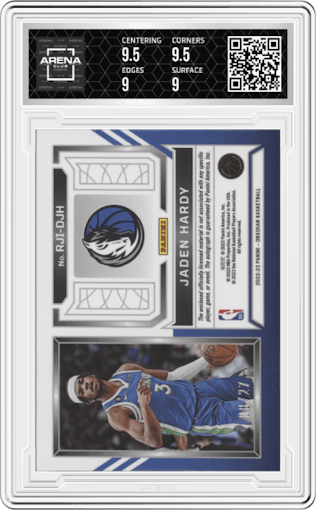 Jaden Hardy from the 2022-23 Panini Obsidian set featuring a Electric Etch Blue Flood FOTL parallel graded by Arena Club and given an overall grade of 9.5.
