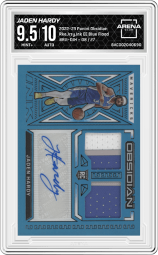 Jaden Hardy from the 2022-23 Panini Obsidian set featuring a Electric Etch Blue Flood FOTL parallel graded by Arena Club and given an overall grade of 9.5.