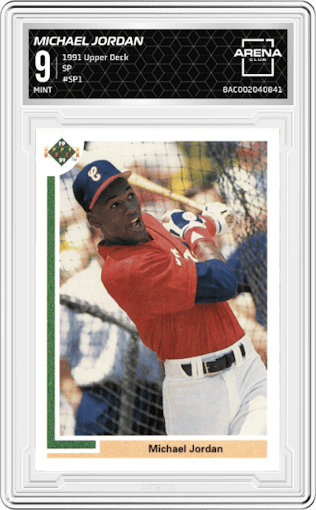 Michael Jordan from the 1991 Upper Deck set graded by Arena Club and given an overall grade of 9.
