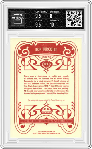 Ron Turcotte from the 2012 Panini Golden Age set graded by Arena Club and given an overall grade of 8.5.