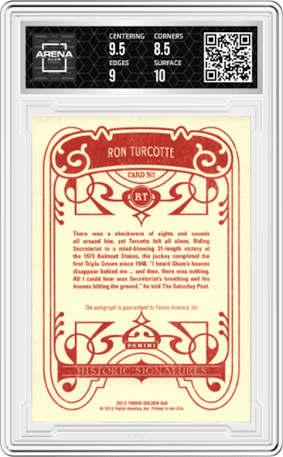 Ron Turcotte from the 2012 Panini Golden Age set graded by Arena Club and given an overall grade of 9.