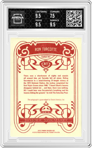 Ron Turcotte from the 2012 Panini Golden Age set graded by Arena Club and given an overall grade of 8.