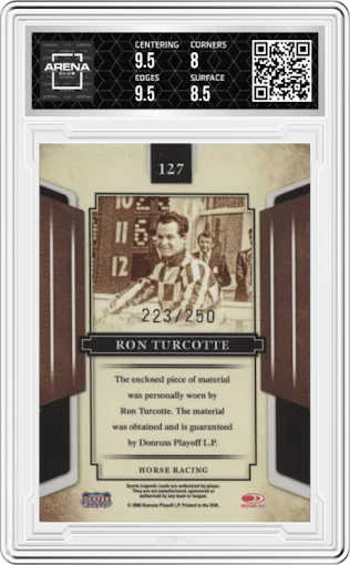 Ron Turcotte from the 2008 Donruss Sports Legends set featuring a Mirror Blue parallel graded by Arena Club and given an overall grade of 8.5.