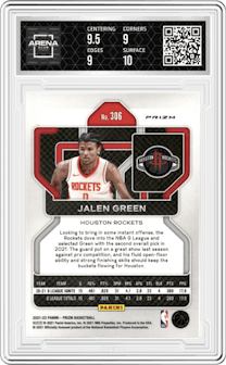 Jalen Green from the 2021-22 Panini Prizm  set featuring a Silver Prizm parallel graded by Arena Club and given an overall grade of 9.5.