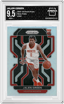 Jalen Green from the 2021-22 Panini Prizm  set featuring a Silver Prizm parallel graded by Arena Club and given an overall grade of 9.5.