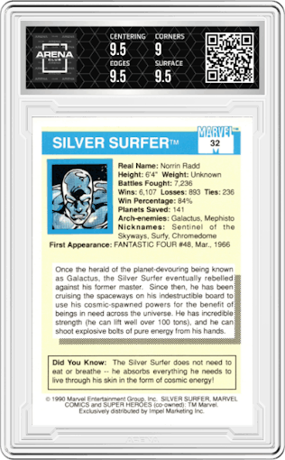 Silver Surfer from the 1990 Impel Marvel Universe  set graded by Arena Club and given an overall grade of 9.5.