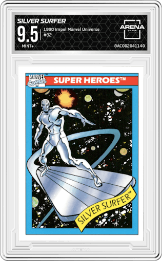 Silver Surfer from the 1990 Impel Marvel Universe  set graded by Arena Club and given an overall grade of 9.5.