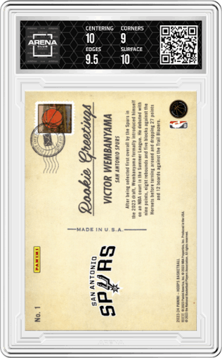 Victor Wembanyama from the 2023-24 Panini NBA Hoops set featuring a Winter parallel graded by Arena Club and given an overall grade of 9.5.
