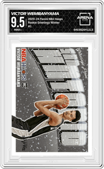 Victor Wembanyama from the 2023-24 Panini NBA Hoops set featuring a Winter parallel graded by Arena Club and given an overall grade of 9.5.