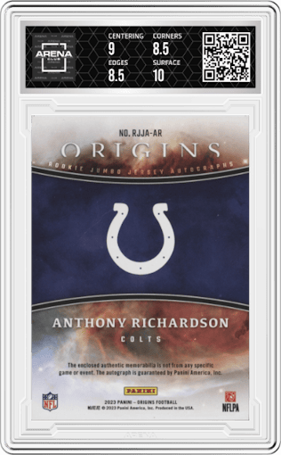 Anthony Richardson from the 2023 Panini Origins set graded by Arena Club and given an overall grade of 9.