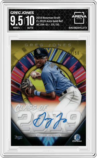 Greg Jones from the 2019 Bowman Draft set featuring a Gold Refractor parallel graded by Arena Club and given an overall grade of 9.5.