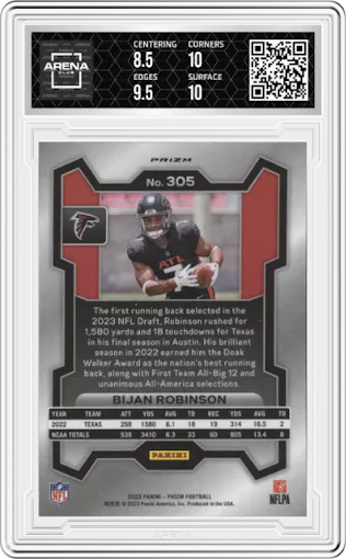 Bijan Robinson from the 2023 Panini Prizm set featuring a Silver Prizm parallel graded by Arena Club and given an overall grade of 9.