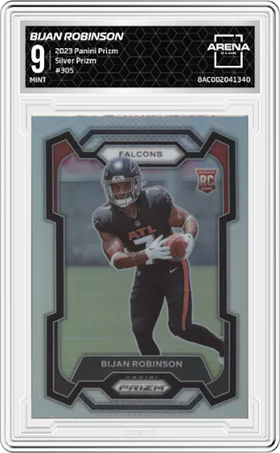 Bijan Robinson from the 2023 Panini Prizm set featuring a Silver Prizm parallel graded by Arena Club and given an overall grade of 9.