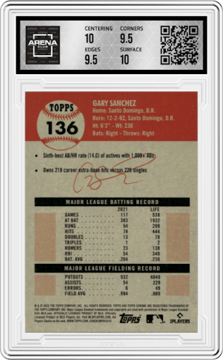 Gary Sanchez from the 2022 Topps Chrome Platinum Anniversary set featuring a Prism Refractor parallel graded by Arena Club and given an overall grade of 10.