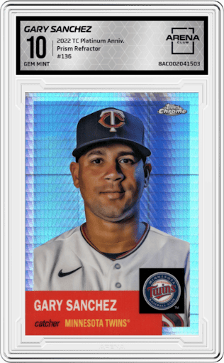 Gary Sanchez from the 2022 Topps Chrome Platinum Anniversary set featuring a Prism Refractor parallel graded by Arena Club and given an overall grade of 10.
