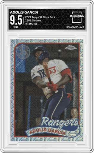 Adolis Garcia from the 2024 Topps Series 1 Silver Pack set graded by Arena Club and given an overall grade of 9.5.