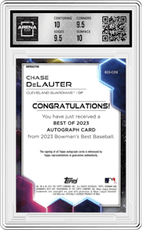 Chase DeLauter from the 2023 Bowman's Best set featuring a Refractor parallel graded by Arena Club and given an overall grade of 10.