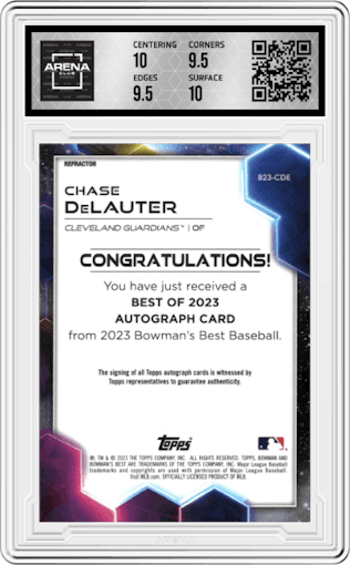 Chase DeLauter from the 2023 Bowman's Best set featuring a Refractor parallel graded by Arena Club and given an overall grade of 10.
