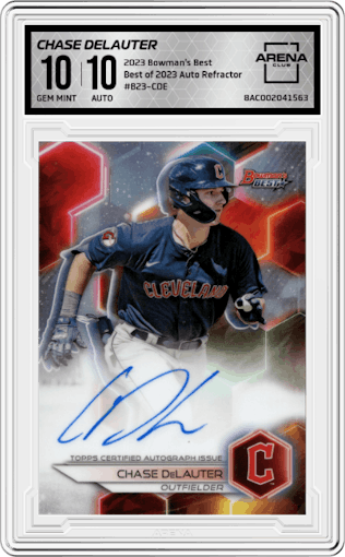 Chase DeLauter from the 2023 Bowman's Best set featuring a Refractor parallel graded by Arena Club and given an overall grade of 10.
