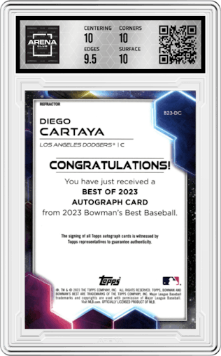 Diego Cartaya from the 2023 Bowman's Best set featuring a Refractor parallel graded by Arena Club and given an overall grade of 10.